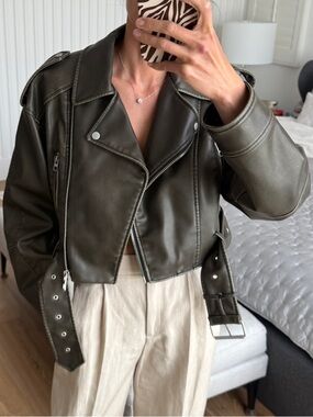 Zara Olive Green Faux Leather Moto Jacket